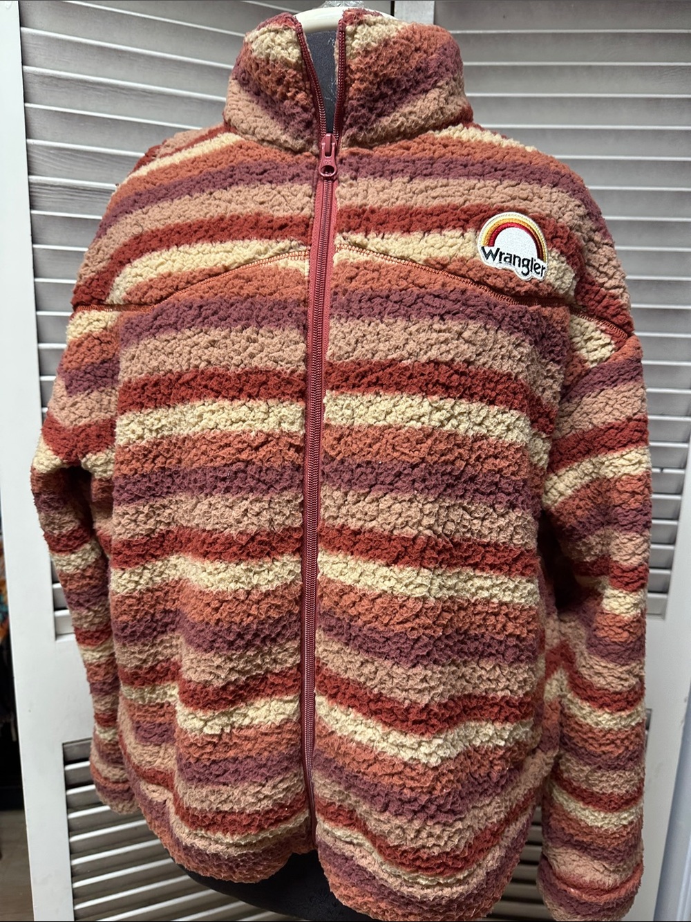 Wrangler Girls' Striped Sherpa Jacket in Rust, Cream & Dusty Rose
